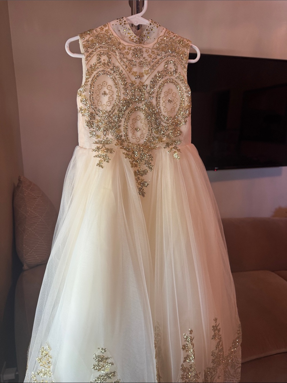 Girls Cream & Gold Embellished Tulle Dress